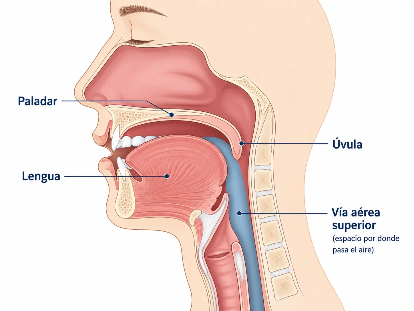 Esquema de la vía aérea superior mostrando paladar, úvula y lengua